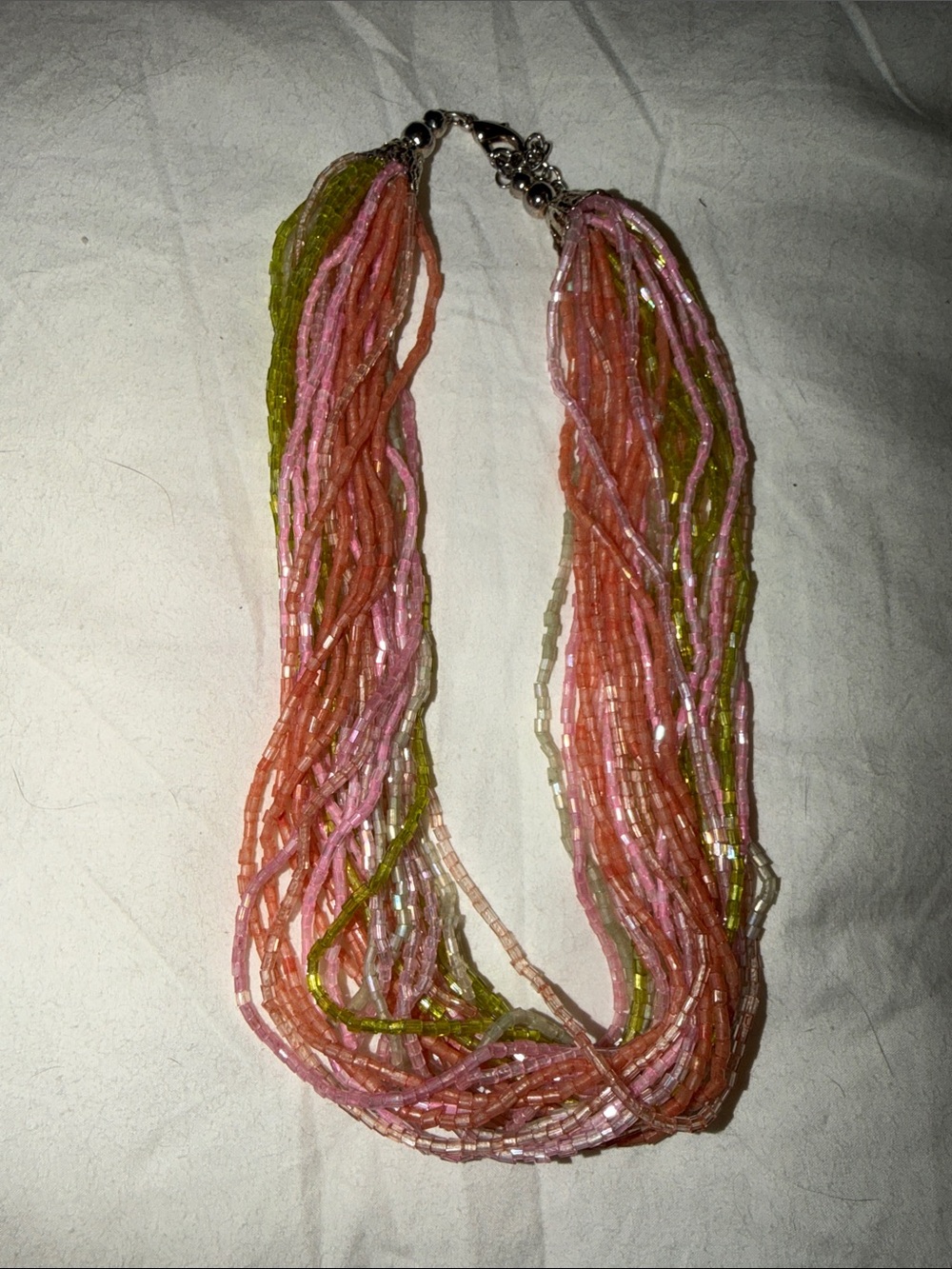 Multistrand Pink & Green Seed Bead Necklace